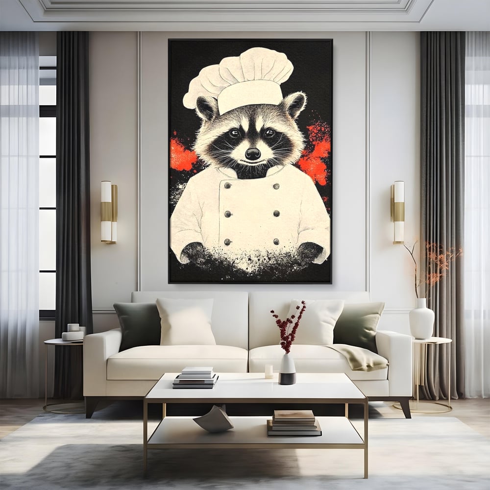 Tablou canvas cu tablou canvas cu raton bucatar, in rama de aluminiu negru, pe perete intr-un living